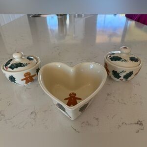 HARTSTONE Gingerbread Man Heart Shaped Bowl Signed And Two Sugar Bowls